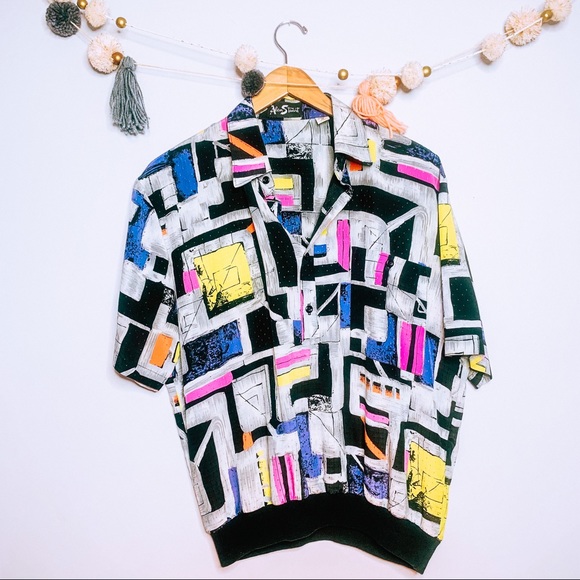 Vintage Tops - VINTAGE streetwear purple silk geometric polo